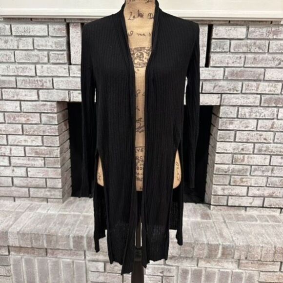 MM Lafleur Women's Ribbed Knit Open Front Duster Cardigan Sweater Black Small - Picture 1 of 9